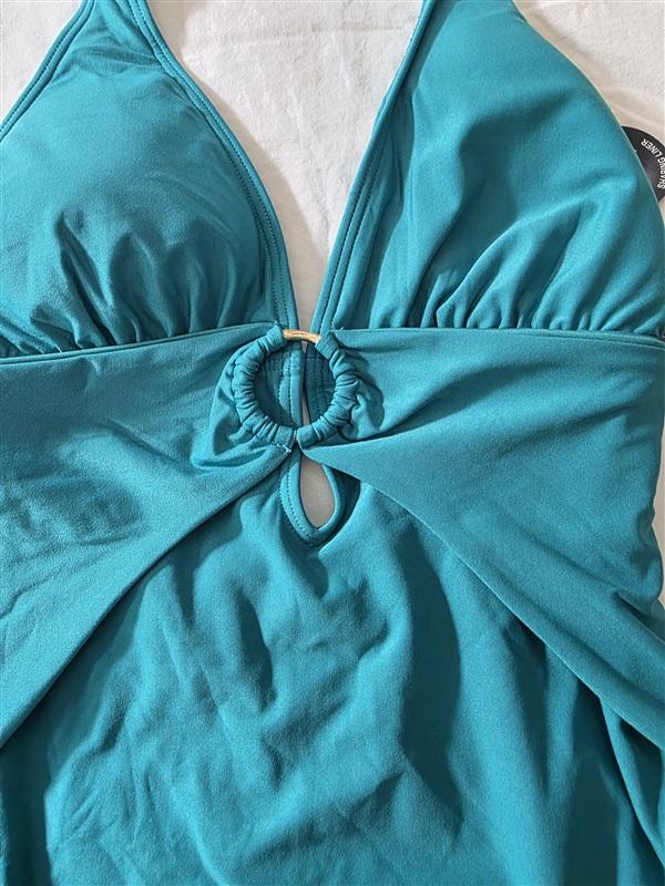 NWT Carmen Marc Valvo 14 Deep V Ring Halter Swimsuit 1pC Green 134898