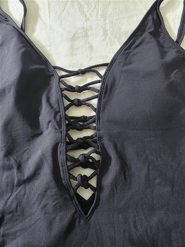 NWT Bleu by Rod Beattie SZ 14 Lace-Up Knotty 1PC Black Swim Dress 134901