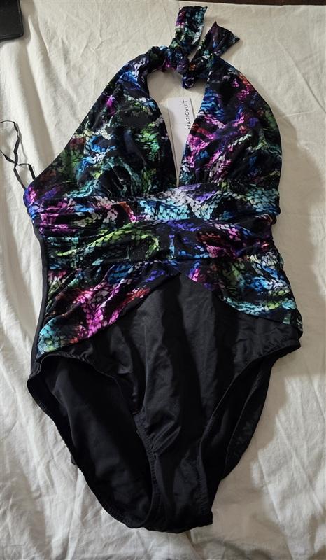 NWT Miraclesuit 12 BLACK/MULTI Cobra Jenn Halter 1PC Swimsuit 134903