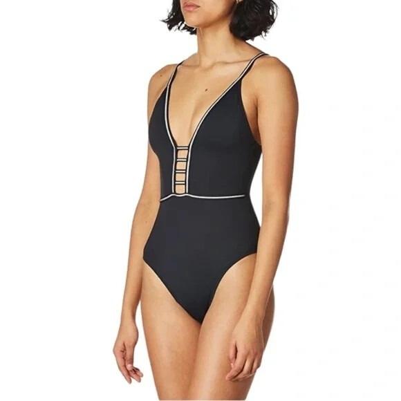NWT La Blanca 12 Plunge Ladder V Neck 1PC Swimsuit Black 134906