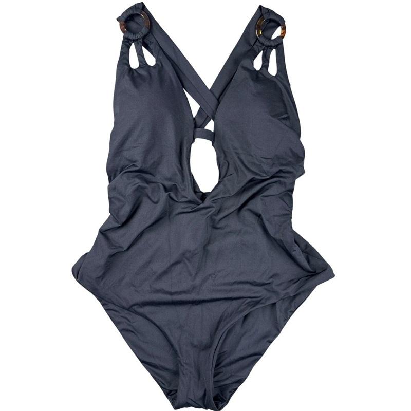NWT Becca Virtue L Skylar Ring Plunge 1PC Swimsuit Black 134910