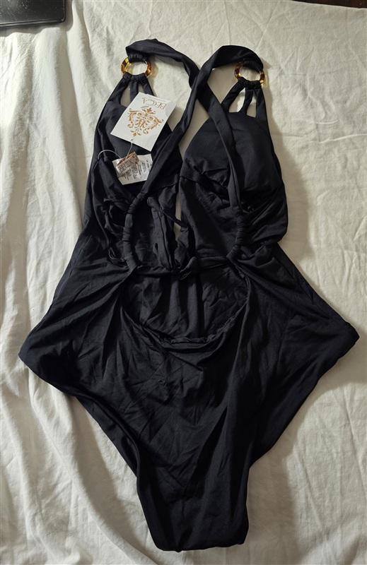 NWT Becca Virtue L Skylar Ring Plunge 1PC Swimsuit Black 134910