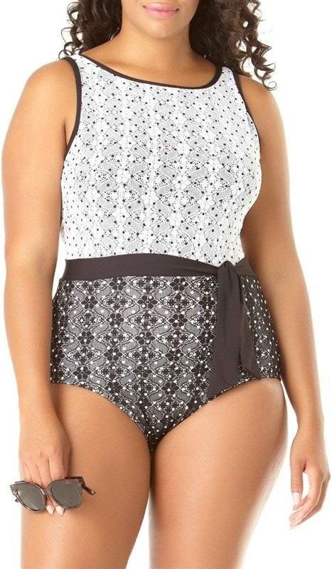 NWT Anne Cole 22W In First Lace Printed One-Piece Swimsuit Black White 134915