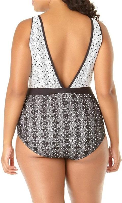 NWT Anne Cole 22W In First Lace Printed One-Piece Swimsuit Black White 134915