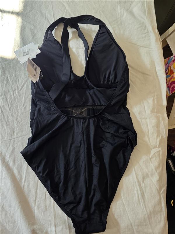 NWT La Blanca 8 Sheer mesh Belted Swimsuit Cross Back Black 134917