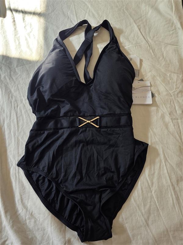 NWT La Blanca 8 Sheer mesh Belted Swimsuit Cross Back Black 134917