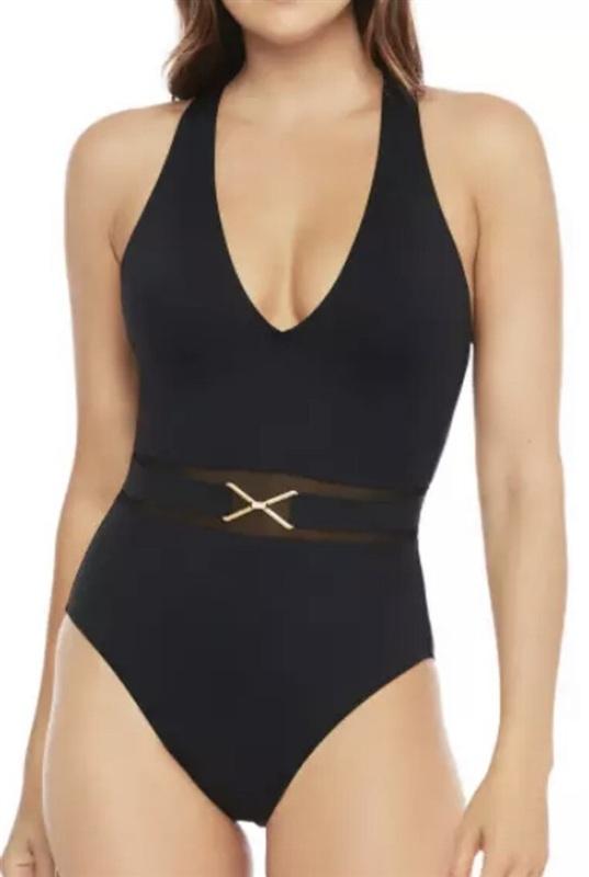 NWT La Blanca 8 Sheer mesh Belted Swimsuit Cross Back Black 134917