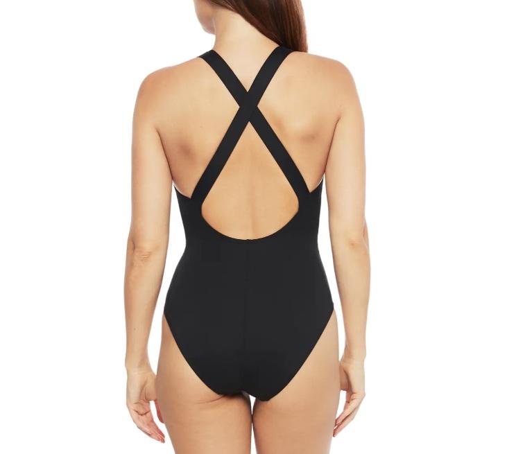 NWT La Blanca 8 Sheer mesh Belted Swimsuit Cross Back Black 134917
