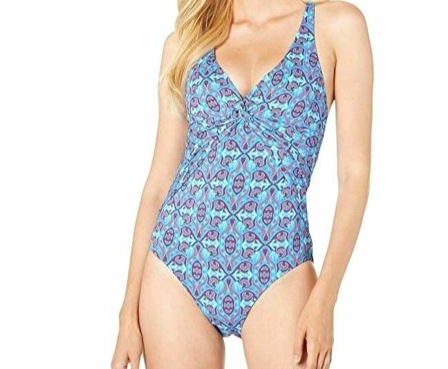 NWT Bleu by Rod Beattie 14 St Tropez Deep V Neck Twisted 1PC Swimsuit 134955