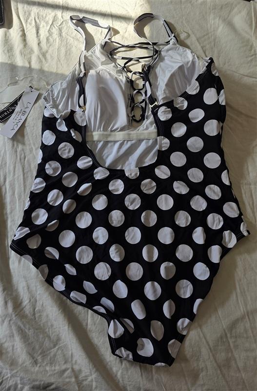 NWT La Blanca 18W Island Goddess Lace-up V Neck Polka Dot 1PC Swimsuit 134961