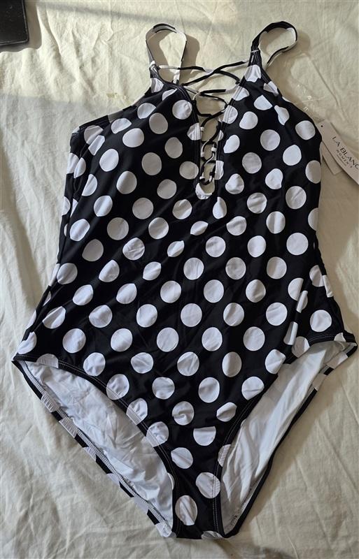 NWT La Blanca 18W Island Goddess Lace-up V Neck Polka Dot 1PC Swimsuit 134961