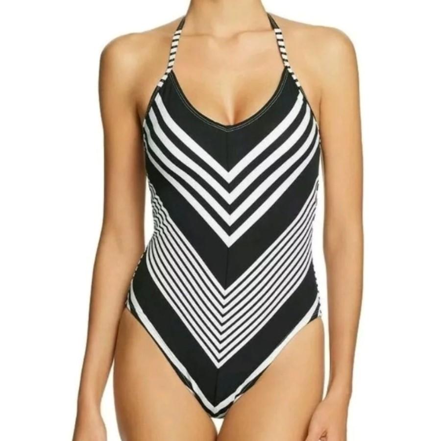 NWT La Blanca 10 Fine Line Mitered Stripe Halter 1PC Swimsuit 134981