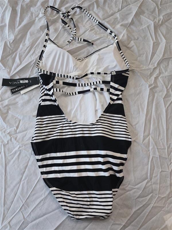 NWT La Blanca 10 Fine Line Mitered Stripe Halter 1PC Swimsuit 134981