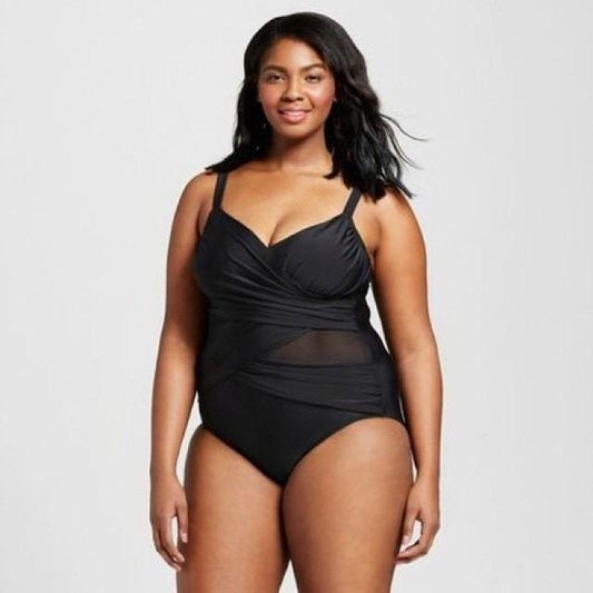 NWOT AVA & VIV 24W Mesh Cut Out Twist Black 1PC Swimsuit 135061