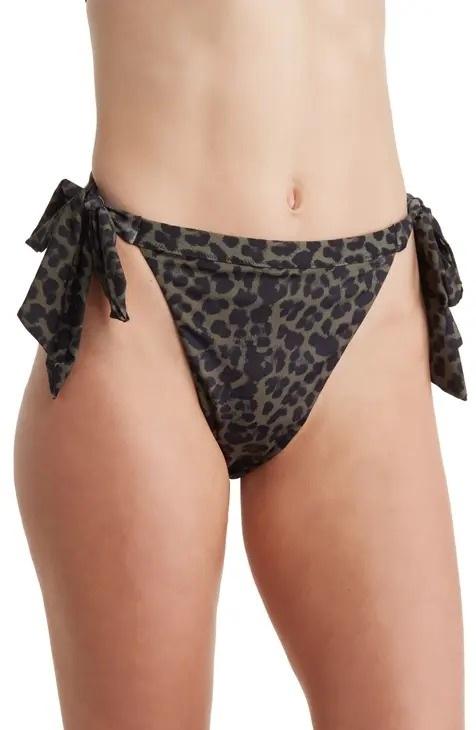 NWT Good American 5X Leopard Olive Green Side Tie Swim Bikini Bottom 135068