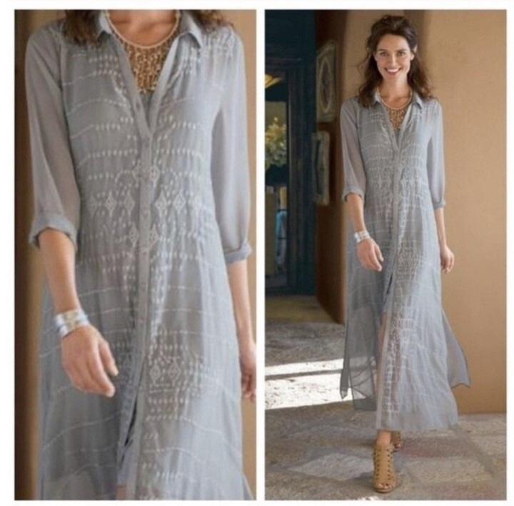 NWOT Soft Surroundings Ibiza Georgette Embroidered Maxi Dress Green 135174