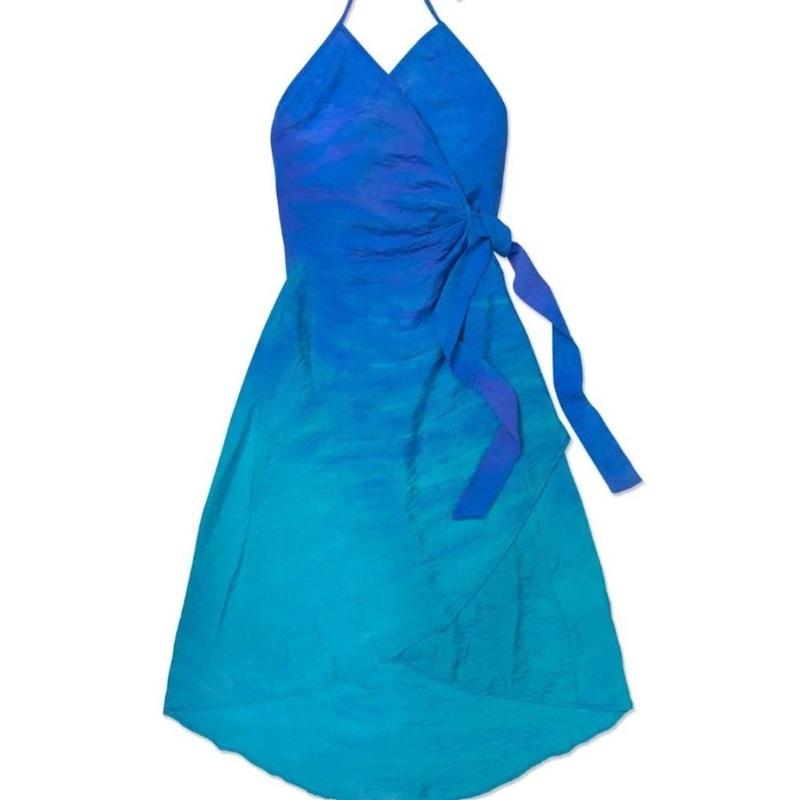 NWT Wet LA M Serena Blue Halter Tie Wrap Beachy Dress Swim Coverup Ombre 135175