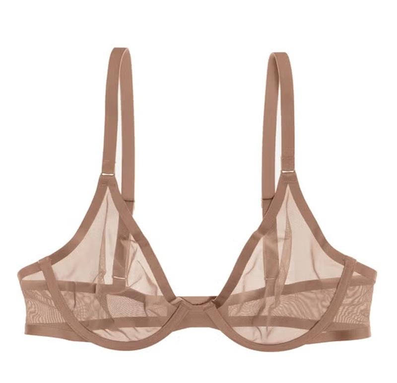NWOT CUUP 34D Plunge Mesh Taupe Sheer Underwire Bra 126738