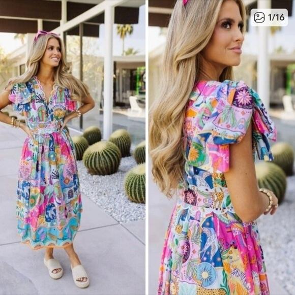 NWT J. Marie X Large Sloan Zodiac Bow Sleeve Dress Midi Tie 135322