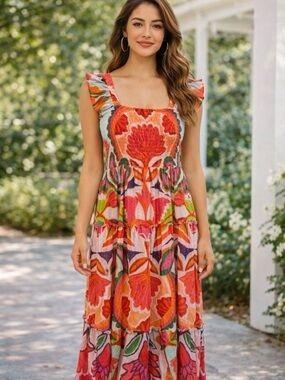 NWT Vince Camuto M Square Neck Sleeveless Midi Dress Floral Pink 135323