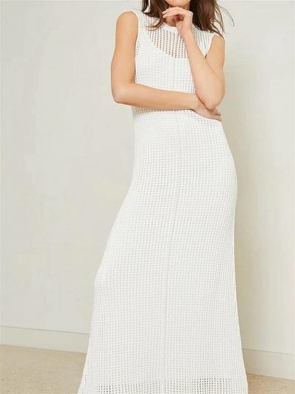 NWT Le AL.X M Knit Open Work Mesh Lace Crewneck Maxi Dress Off White 135340