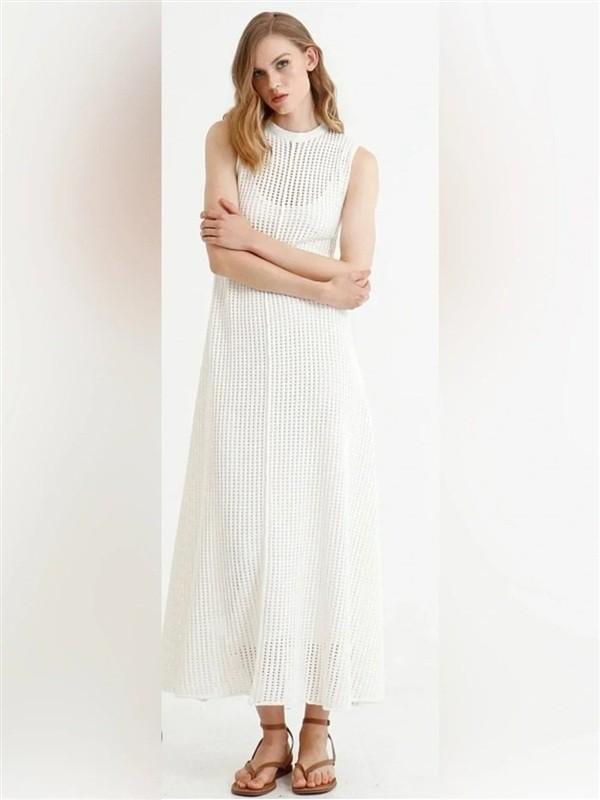 NWT Le AL.X M Knit Open Work Mesh Lace Crewneck Maxi Dress Off White 135340