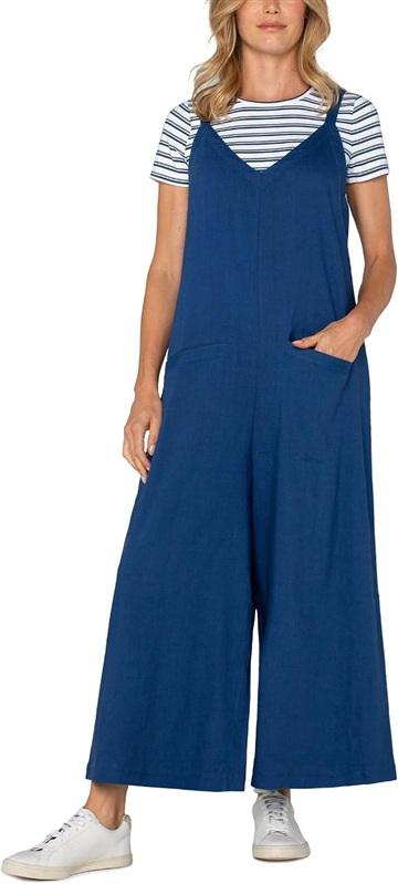 NWT Liverpool XL Wide Leg Crop Jumpsuit Overalls Linen Adjust Straps Blue 135344