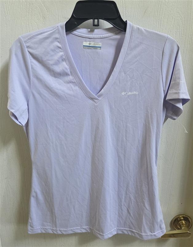 NWOT Columbia S Zero Rules Short Sleeve V neck T Shirt Wicking Purple 135353