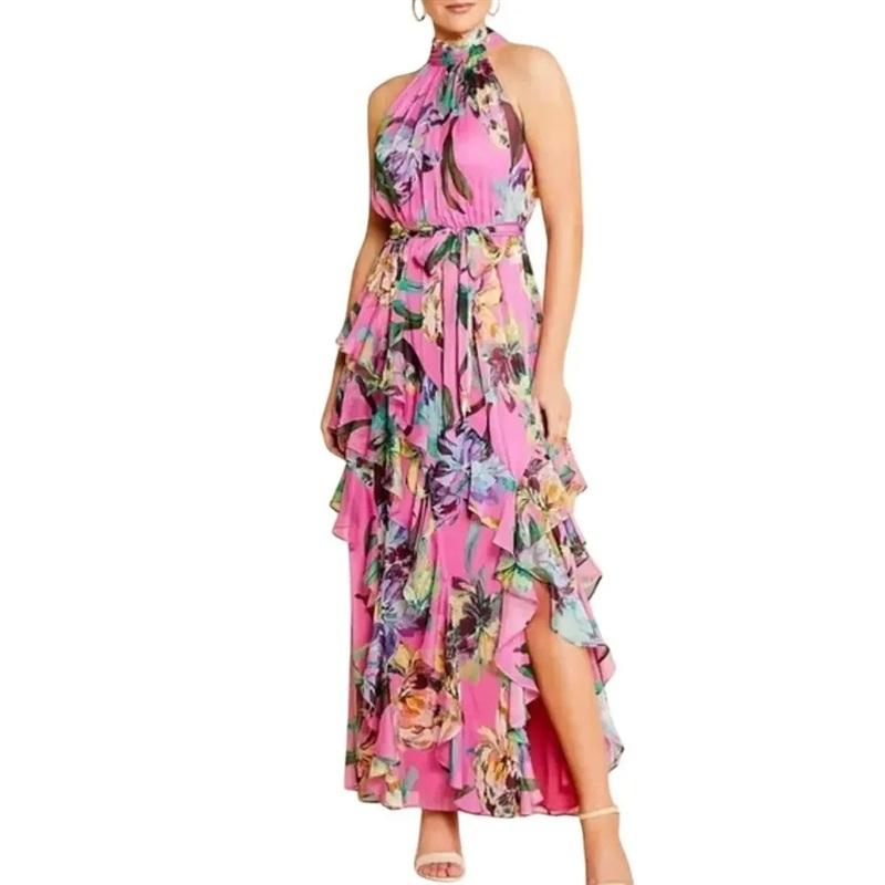 NWT Alex Marie 16 Nina Pink Chiffon Halter Neck Sleeveless Tiered Dress 135367