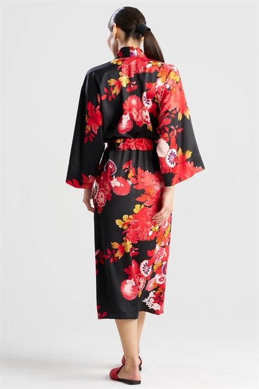 NEW Natori M Empress Printed Satin Robe Floral Poppy Red Black 135368