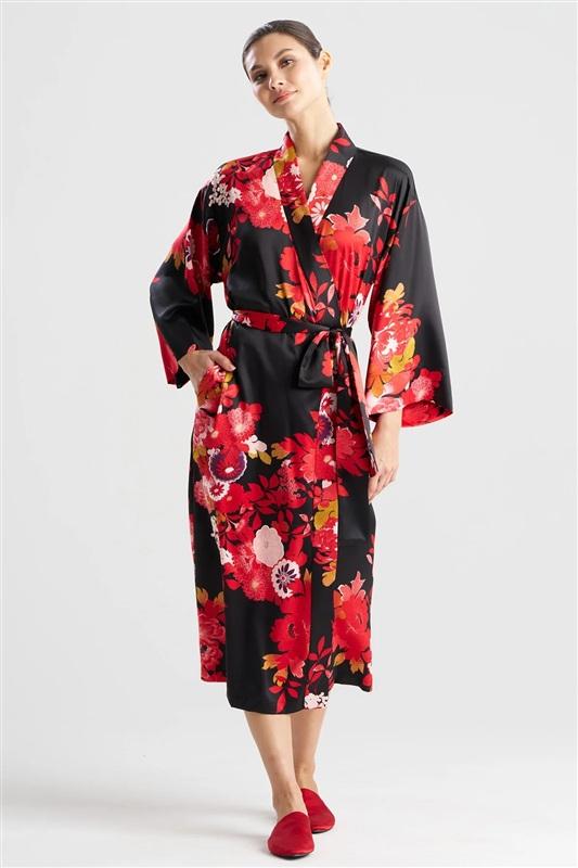 NEW Natori M Empress Printed Satin Robe Floral Poppy Red Black 135368