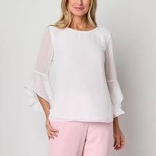 NWT Evan Picone L Black Label White Swiss Dot Flutter Sleeve Work Blouse 135450