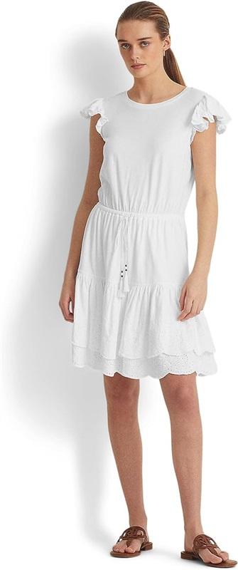 NWOT Ralph Lauren 10 Eyelet Jersey Drop Waist Dress Tassel Tie White 135451
