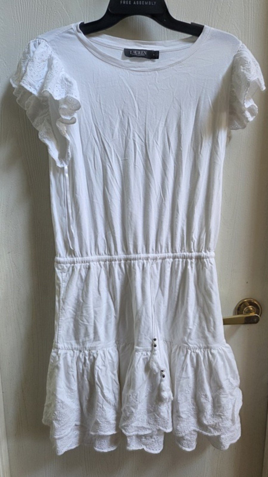 NWOT Ralph Lauren 10 Eyelet Jersey Drop Waist Dress Tassel Tie White 135451