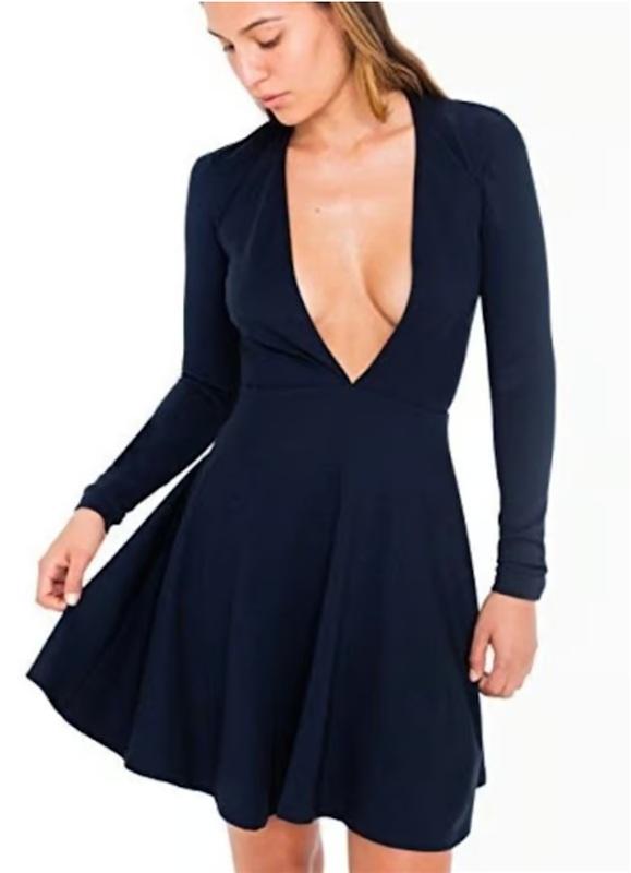 NWOT American Apparel Deep V-Neck Pleated Skater Mini Dress Blue 135456