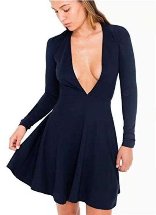 NWOT American Apparel Deep V-Neck Pleated Skater Mini Dress Blue 135456