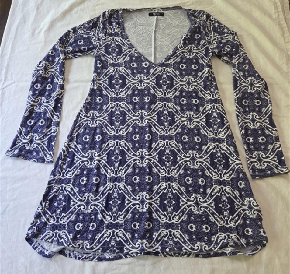 NWOT Michael Lauren S Kyle Long Sleeve Paisley Mini Dress Blue White 135459