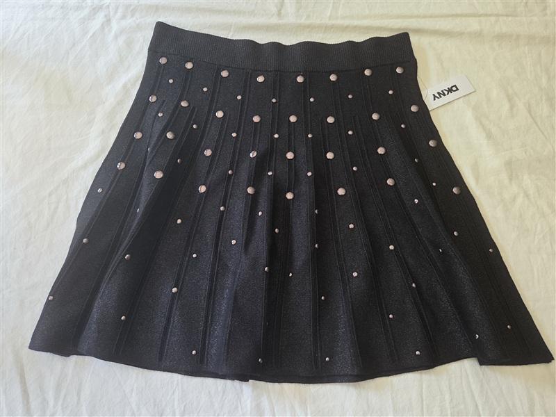 NWT DKNY L Black Sparkle Studded Mini Flare Skirt 135479