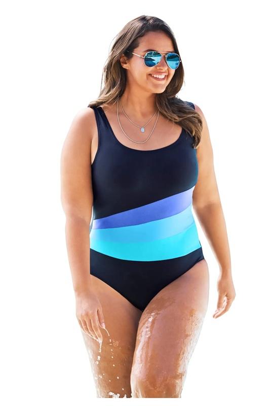 NWT Swimsuits For All 26 Colorblock Black Pink Purple 1pc Swim 135509