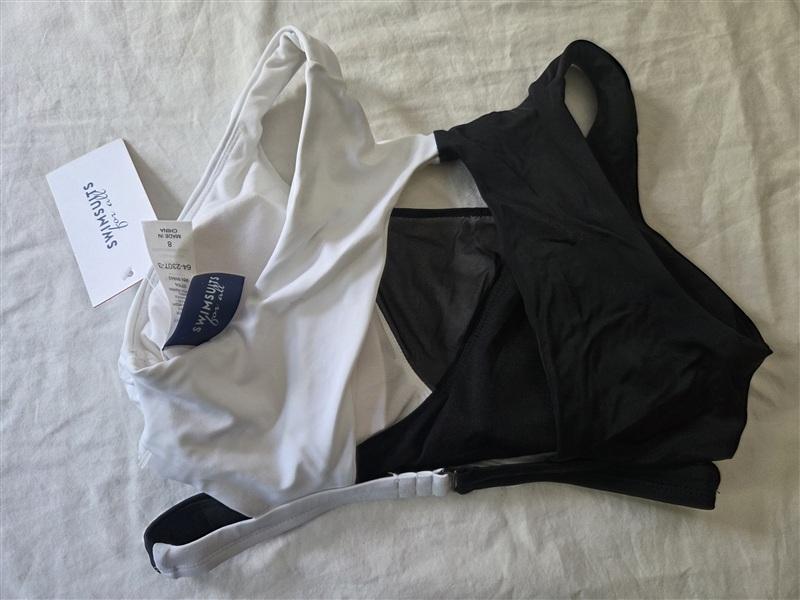 NWT Swimsuits For ALL 8 Black White Mesh Cross Over Bikini Swim Top 135513