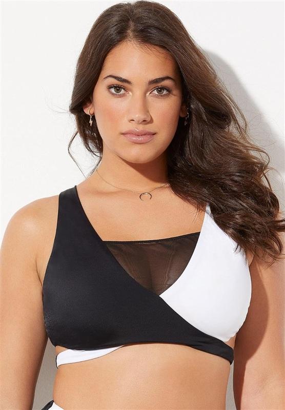 NWT Swimsuits For ALL 8 Black White Mesh Cross Over Bikini Swim Top 135513