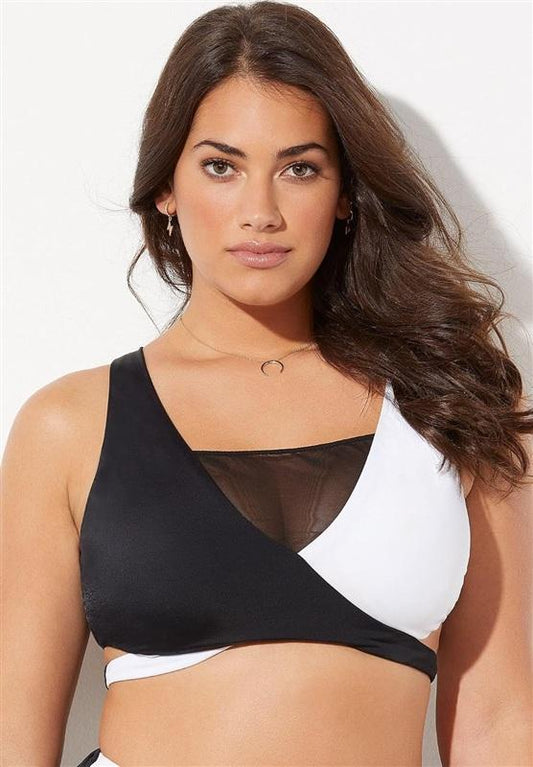 NWT Swimsuits For ALL 8 Black White Mesh Cross Over Bikini Swim Top 135513