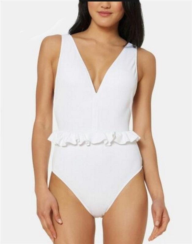 NWT Jessica Simpson L Swimsuit 1pc Ruffle-Waist Deep V Red 135517