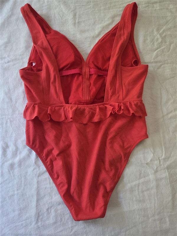 NWT Jessica Simpson L Swimsuit 1pc Ruffle-Waist Deep V Red 135517