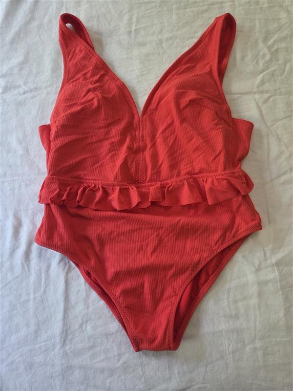 NWT Jessica Simpson L Swimsuit 1pc Ruffle-Waist Deep V Red 135517
