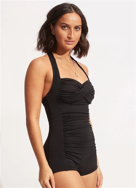 NWT Seafolly Maillot 8 US Boy Leg Black One Piece Swimsuit 135521