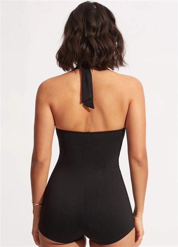 NWT Seafolly Maillot 8 US Boy Leg Black One Piece Swimsuit 135521