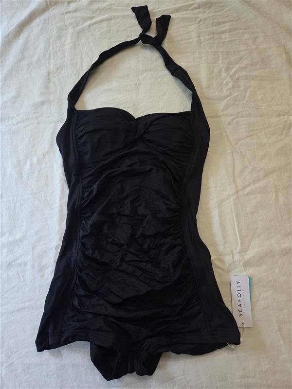 NWT Seafolly Maillot 8 US Boy Leg Black One Piece Swimsuit 135521