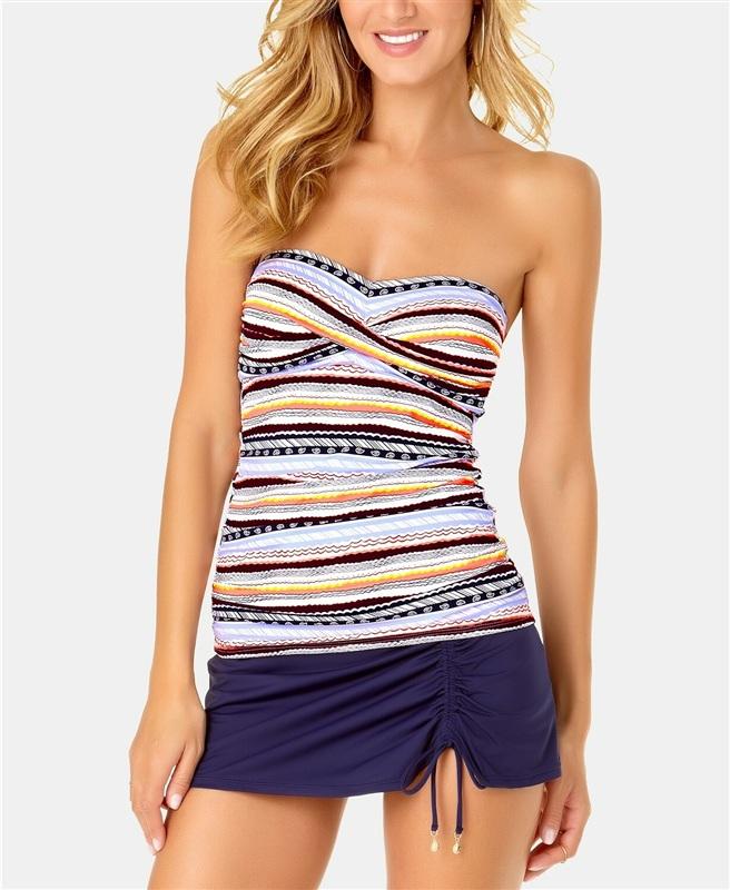 NWT Anne Cole L Stripe Twist Stormy Seas Bandeau Tankini Swim Top Blue 135600