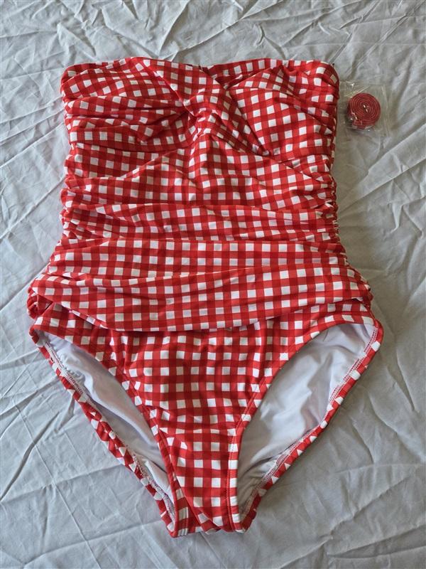 NWTD Crown & Ivy M Gingham Red Picnic Plaid Bandeau Swimsuit 135601